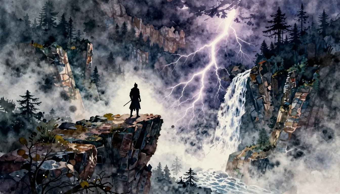 Vibrant watercolor style. Epic cinematic landscape, a lone s...