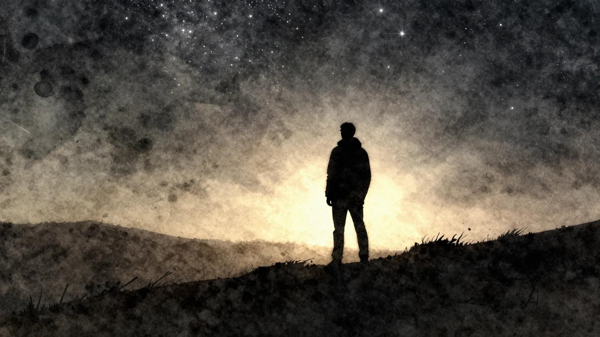 Watercolor style. A dark silhouette of a person standing on ...