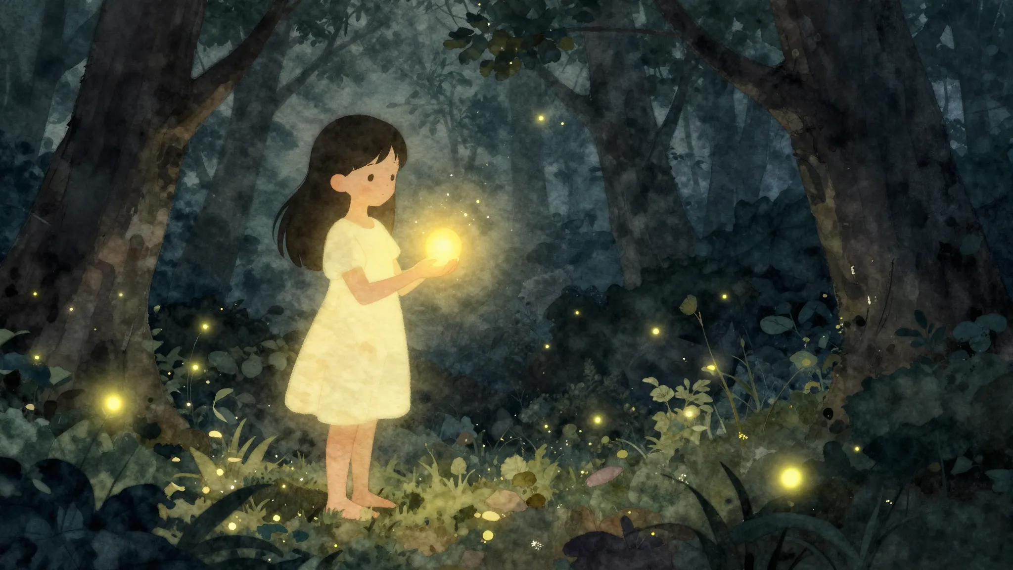 Watercolor style. A glowing silhouette of a young girl stand...