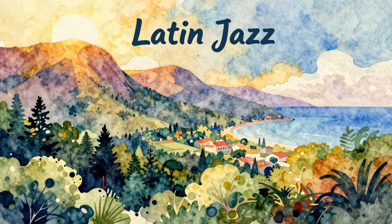 Vibrant watercolor style. A vibrant Latin jazz album cover, ...
