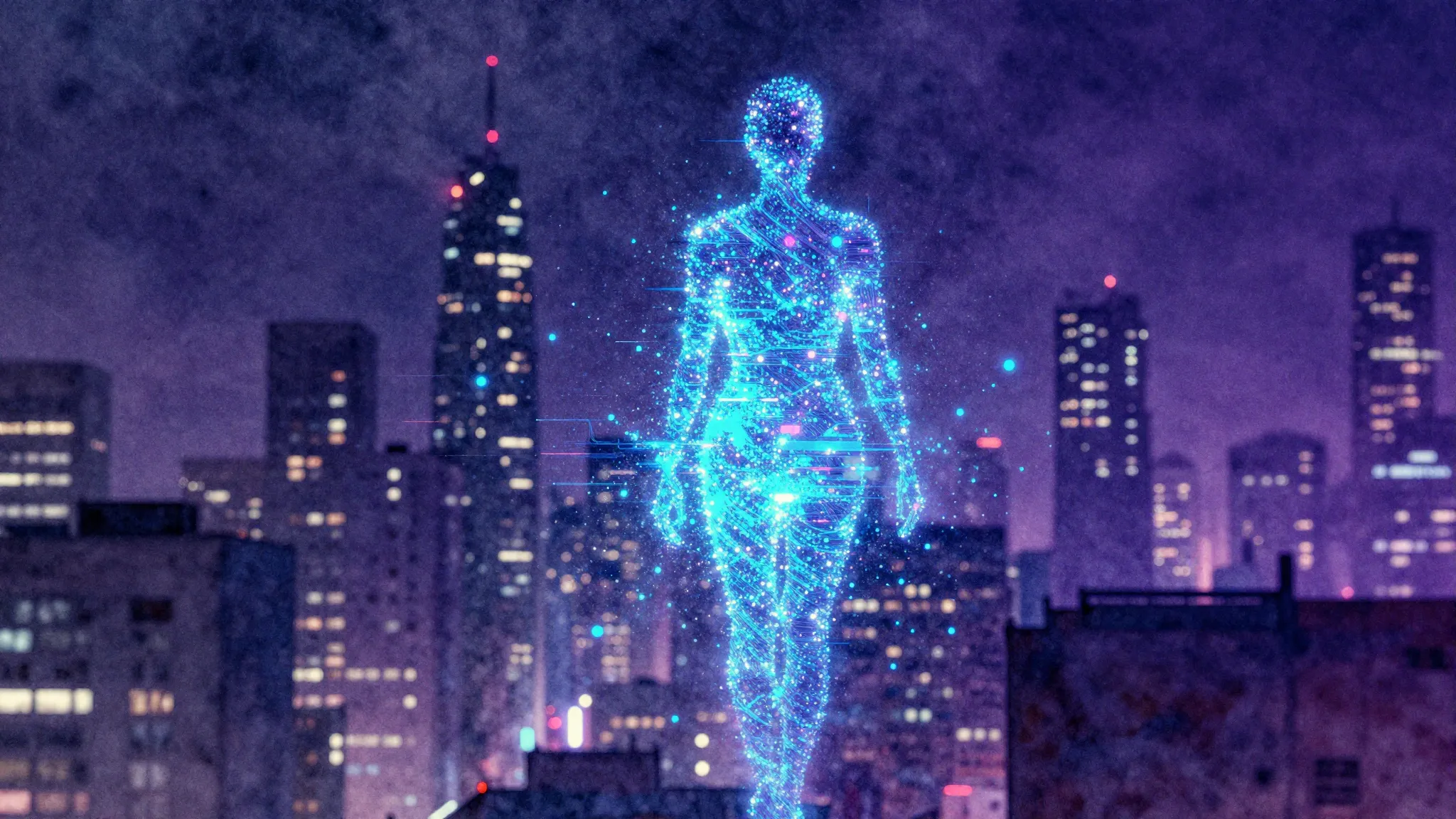 Vibrant watercolor style. Cyberpunk urban aesthetic, glitch ...