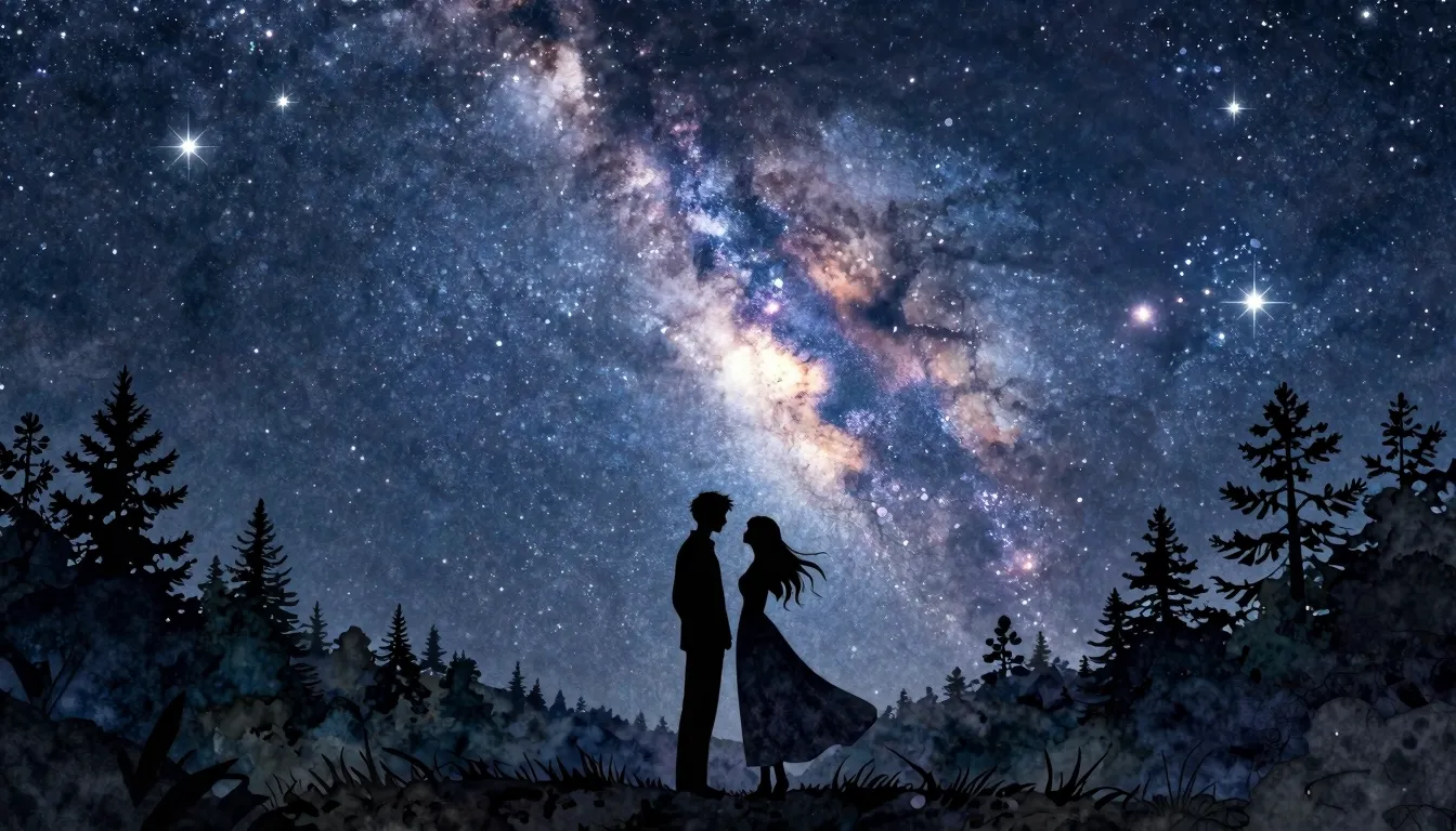 Watercolor style. A magical night sky filled with twinkling ...