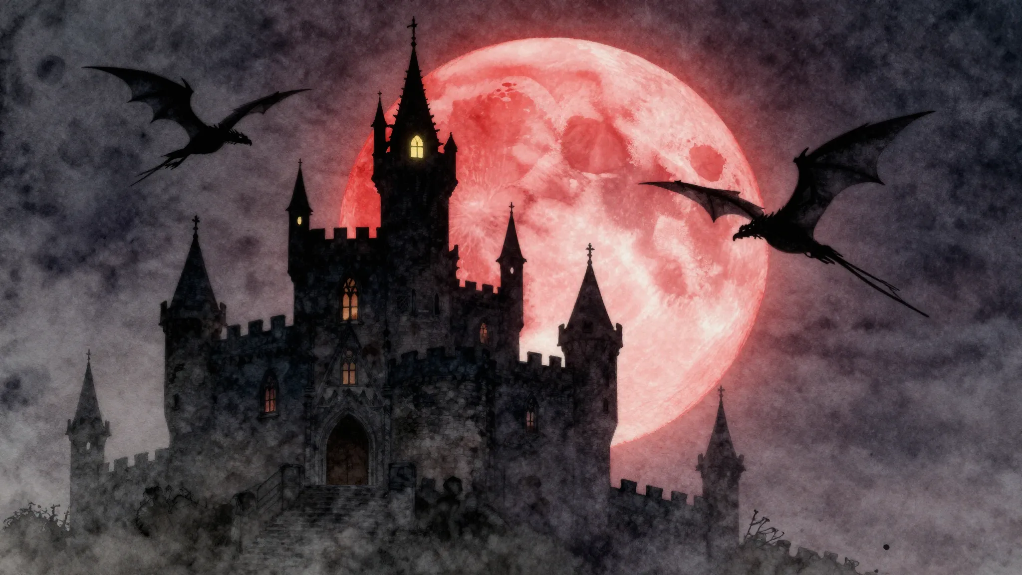 Watercolor style. A dark castle silhouette against a blood-r...