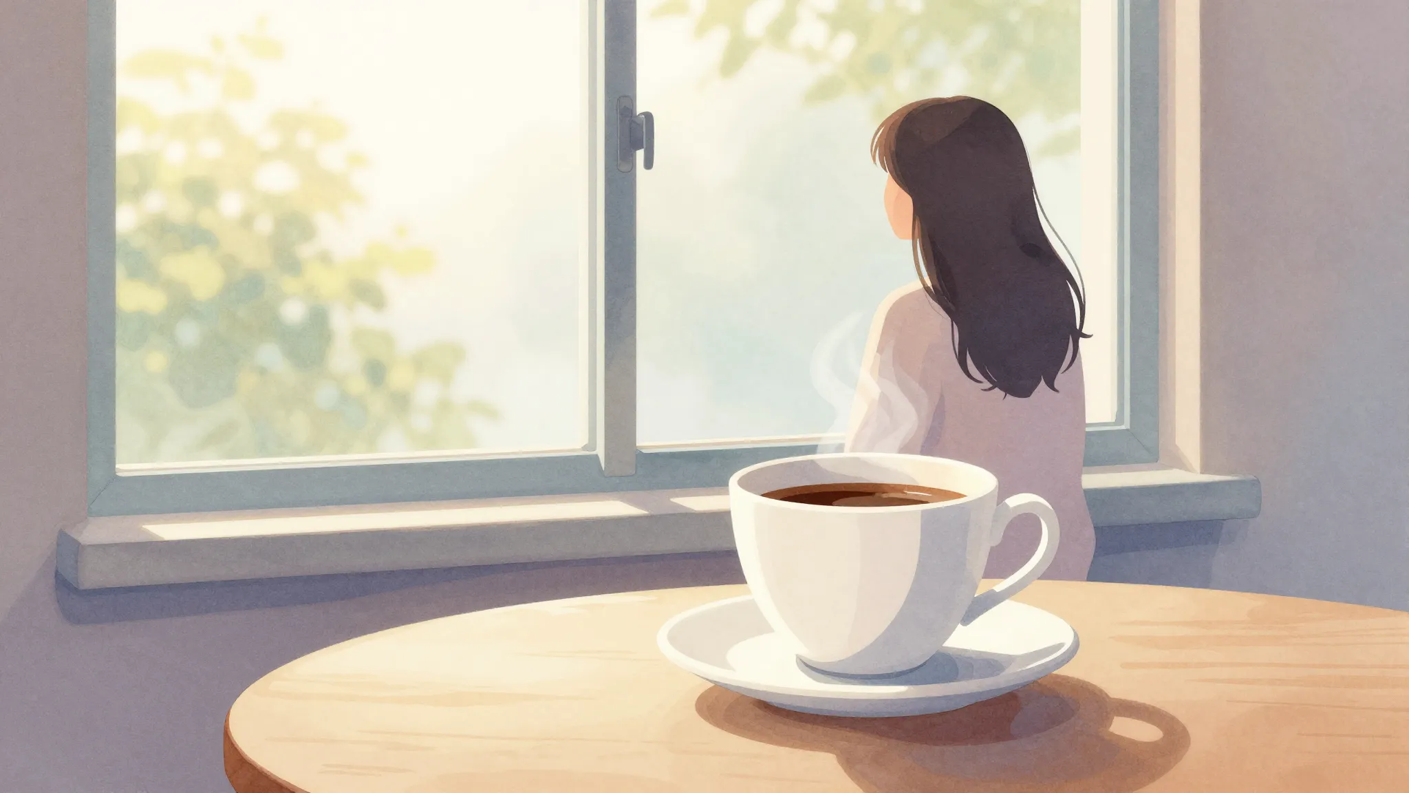 Watercolor style. A bright morning scene, sunlight shining t...