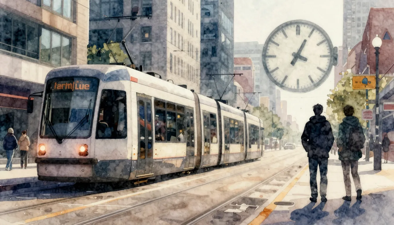 Watercolor style. A derailed tram in a modern city street, a...
