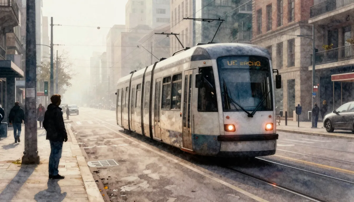 Watercolor style. A derailed tram in a modern city street, s...