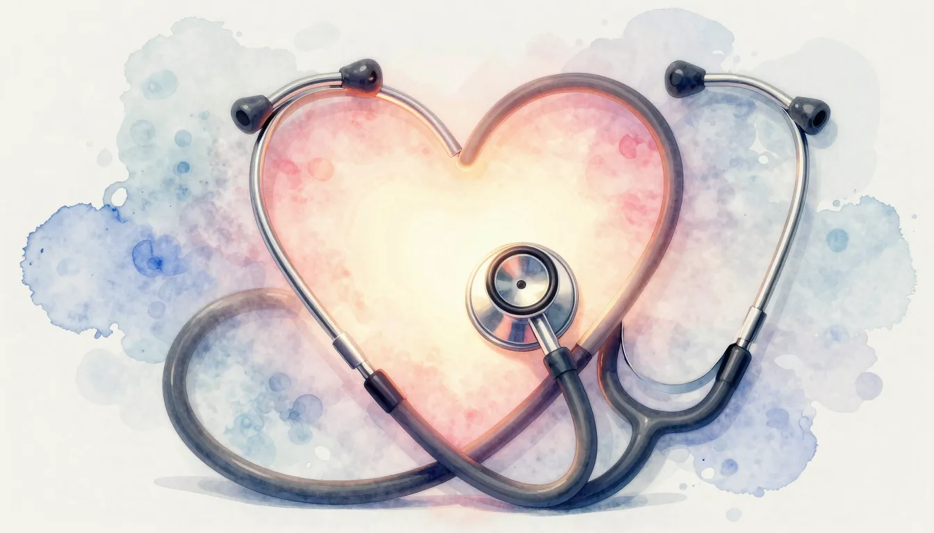 Vibrant watercolor style. A glowing stethoscope forming a he...