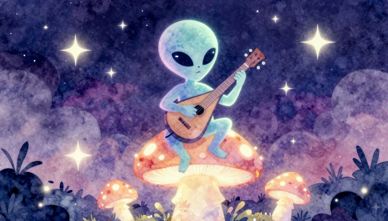 Watercolor style. A funny silhouette of an alien playing a b...
