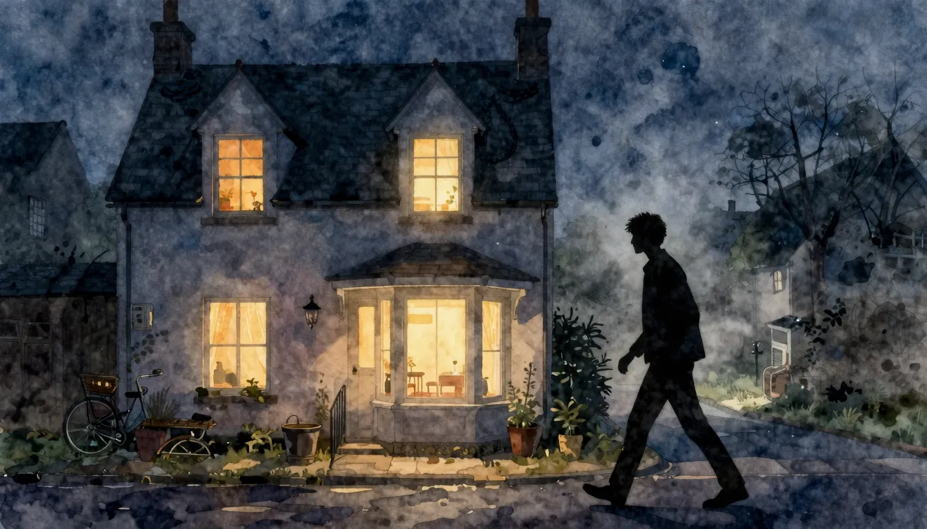 Watercolor style. Silhouette of a man walking fast past a co...