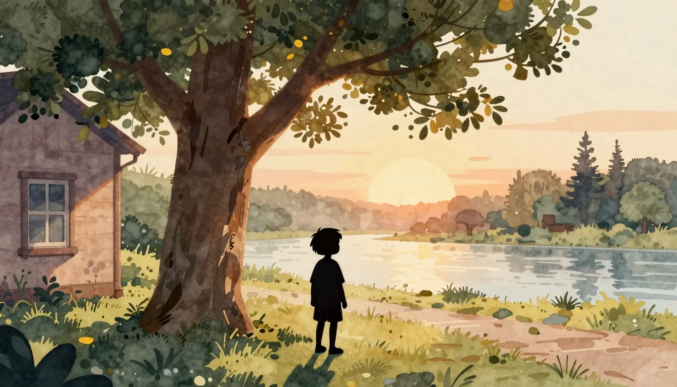Watercolor style. A silhouette of a child standing near a la...