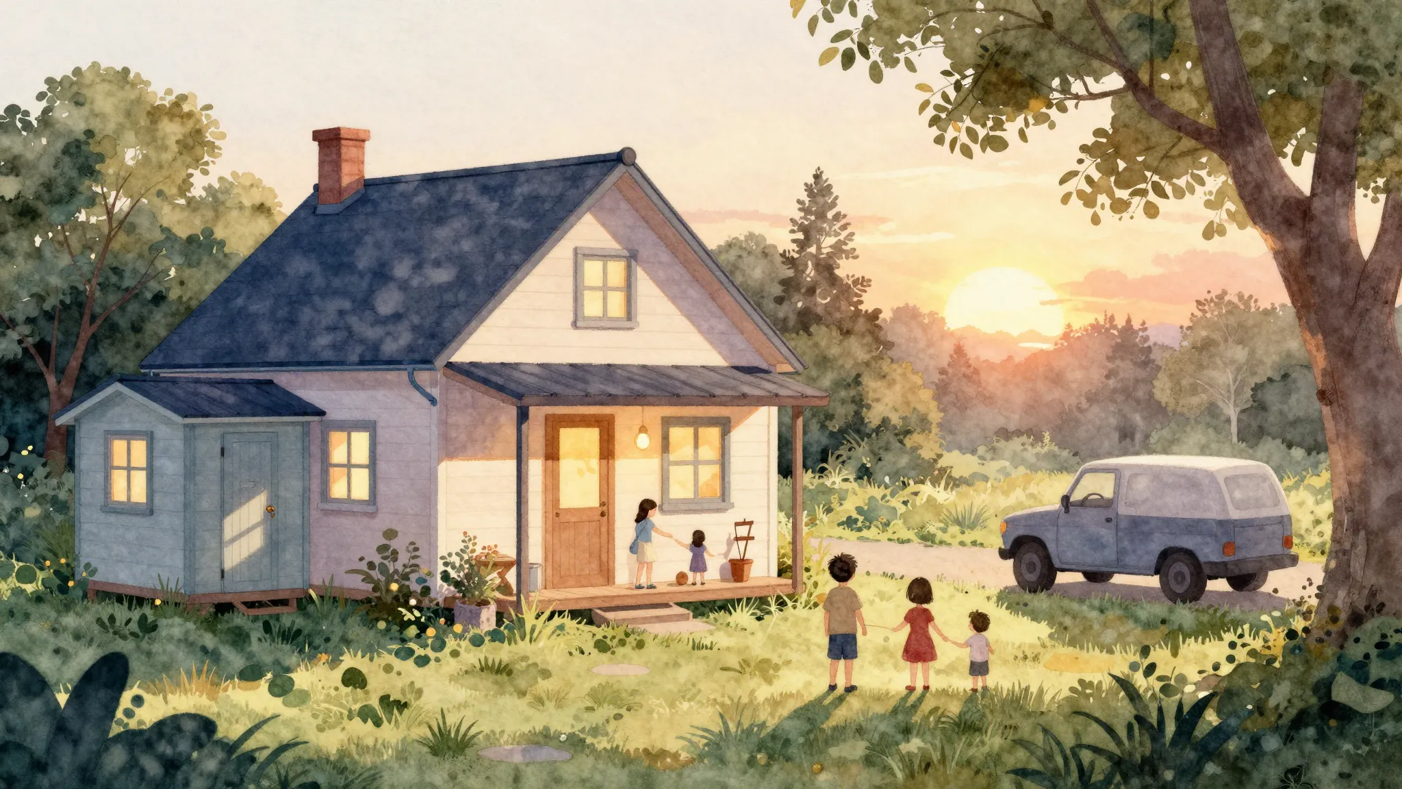 Watercolor style. A cozy house with a bathhouse, a truck par...