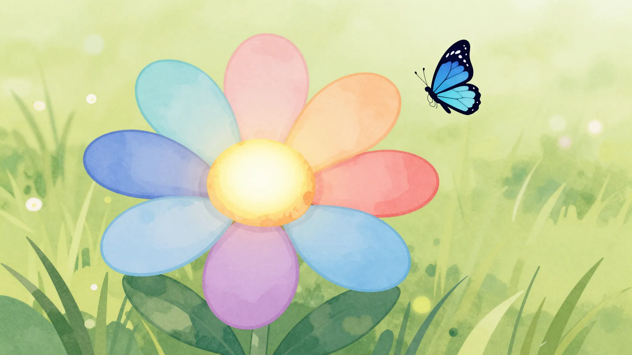 Watercolor style. A magical flower with 7 different colored ...