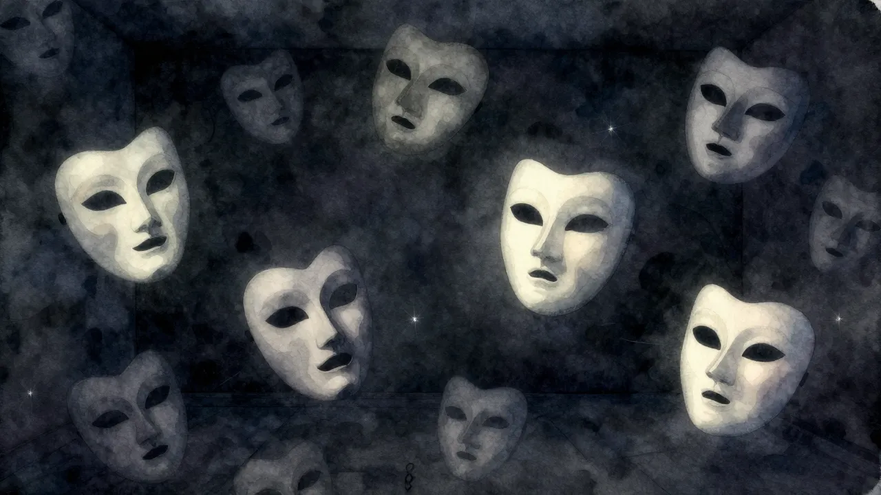 Watercolor style. A dark room with floating theatrical masks...