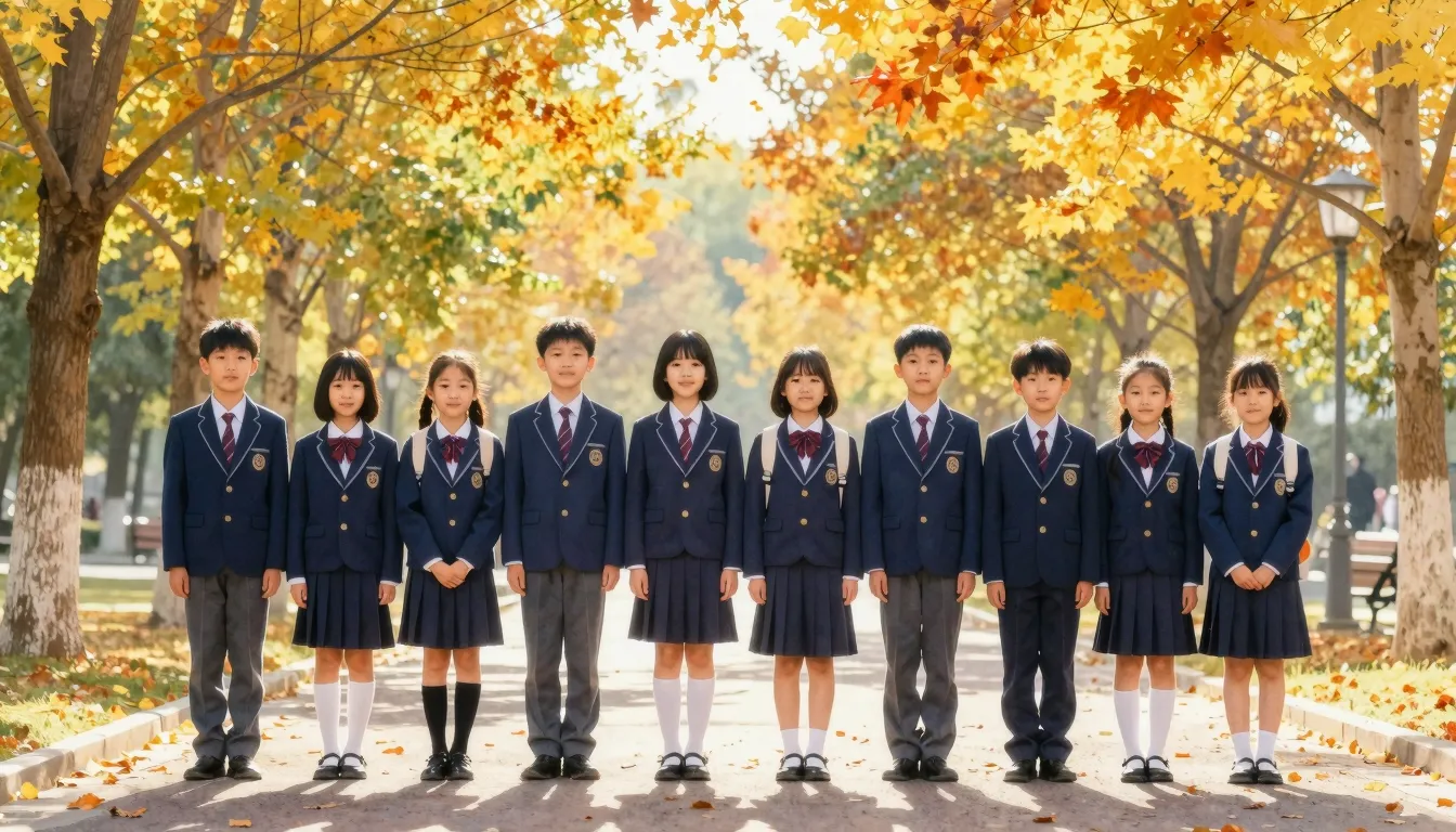 Vibrant watercolor style. A group of young students in neat ...
