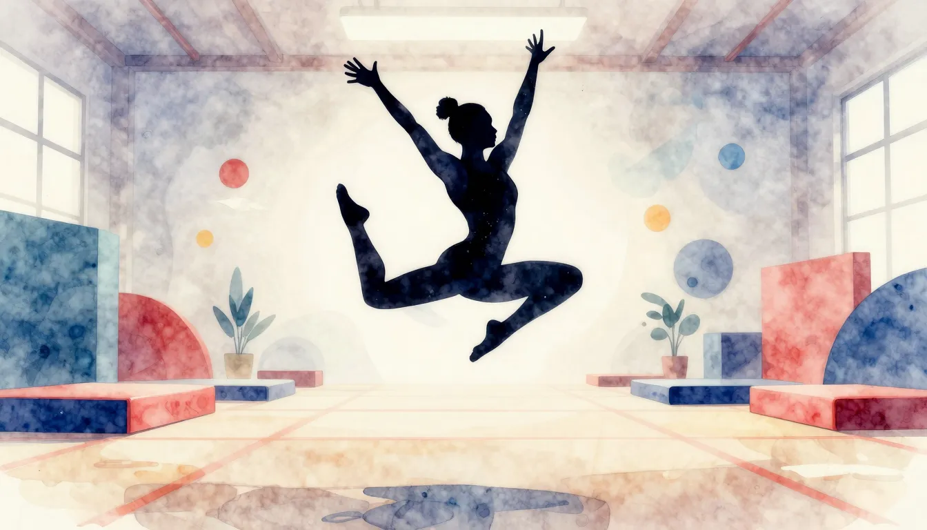 Watercolor style. Silhouette of a gymnast performing a jump ...