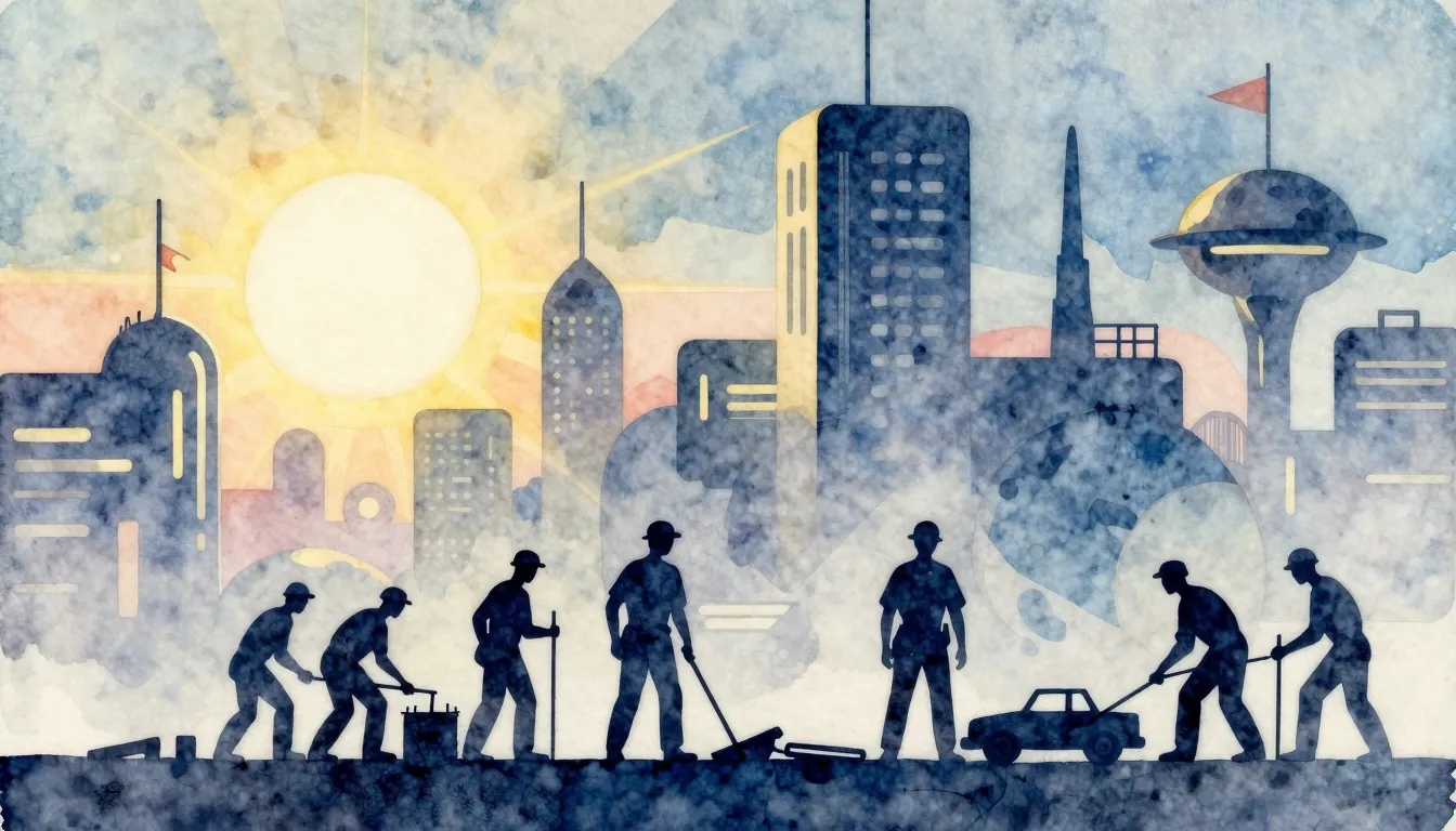 Watercolor style. Silhouettes of workers building a futurist...