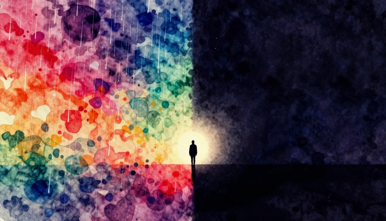 Vibrant watercolor style. Minimalist album cover art, a spli...