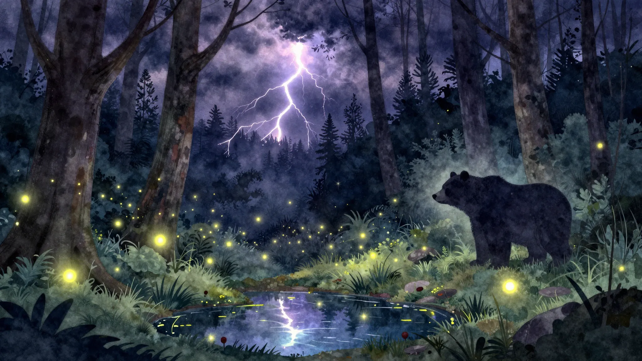 Vibrant watercolor style. Magical dark forest at night, glow...