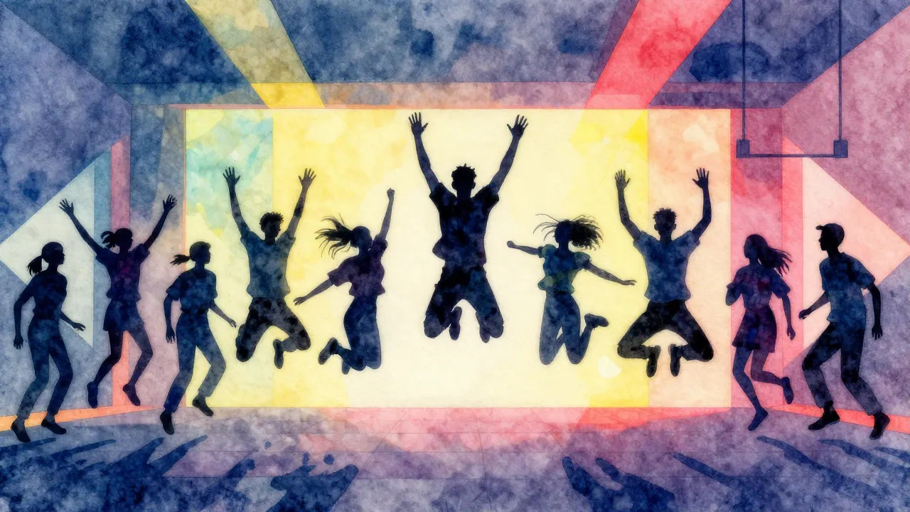 Watercolor style. Silhouette of a crowd of youth jumping in ...