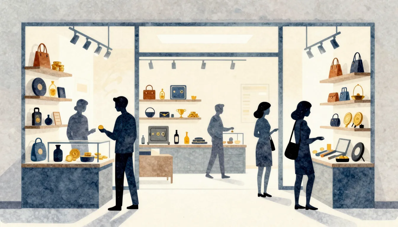 Watercolor style. A bright modern pawnshop interior, silhoue...