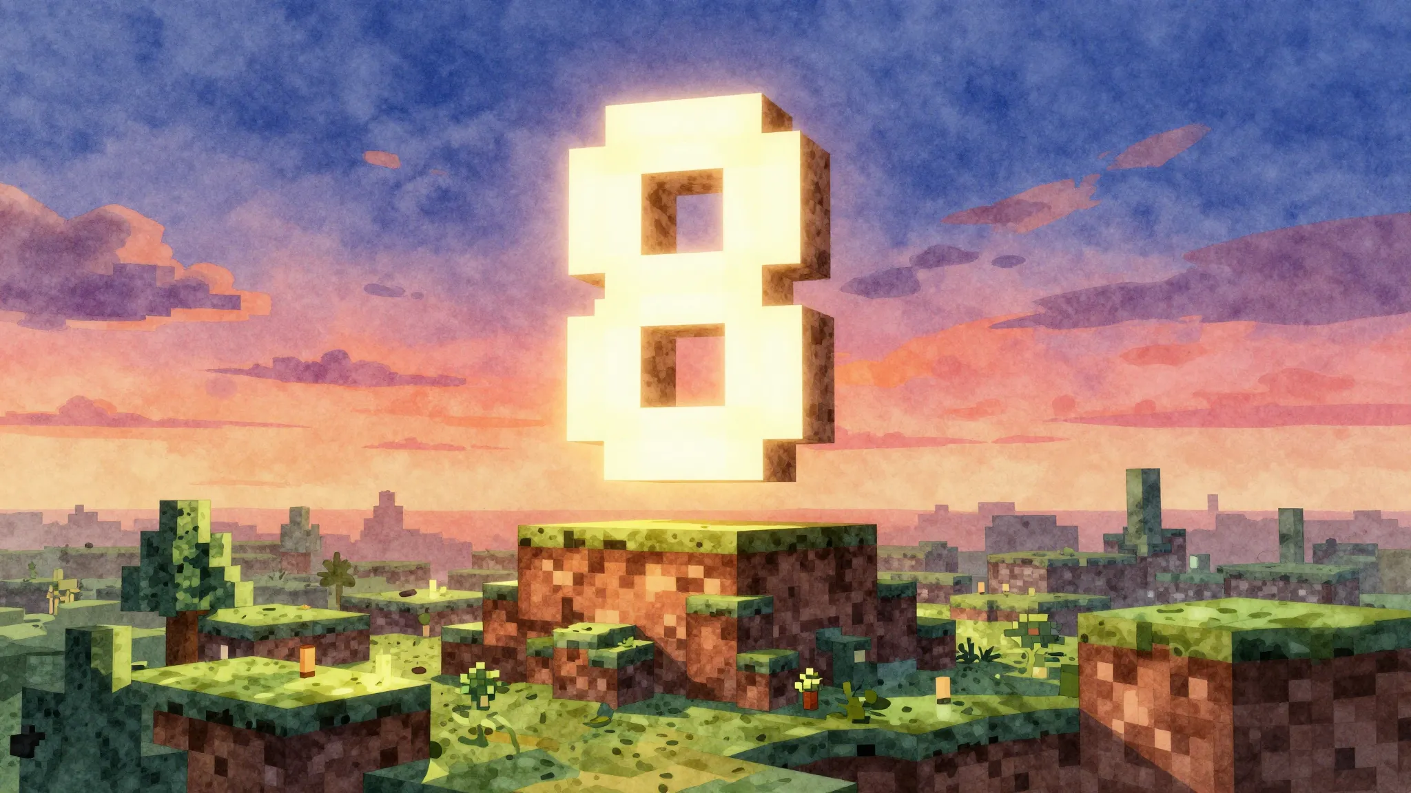 Watercolor style. A pixelated blocky world landscape with a ...