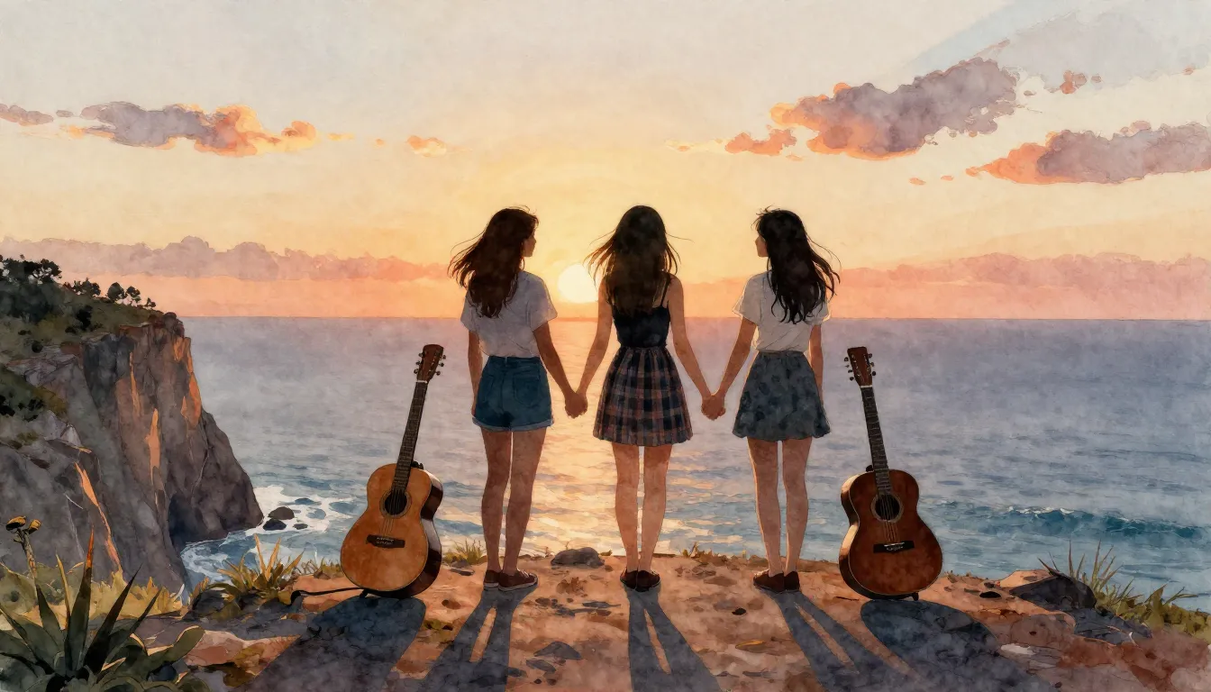 Watercolor style. Three female silhouettes standing on a cli...