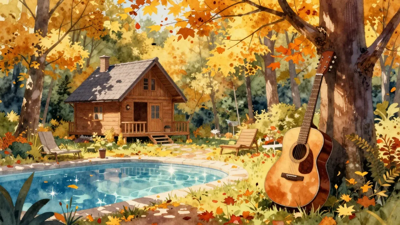 Vibrant watercolor style. A vibrant autumn forest scene with...