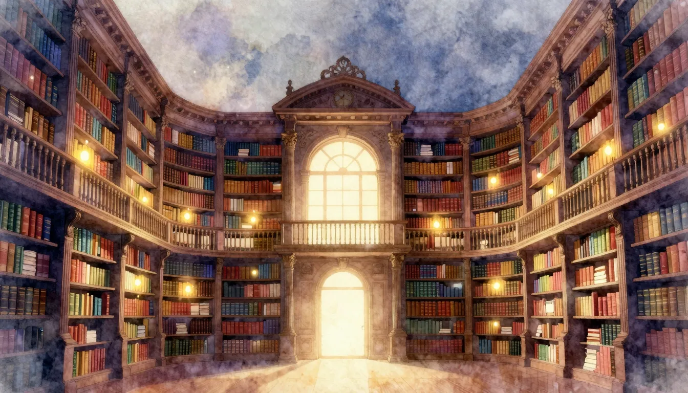 Watercolor style. Silhouette of a grand library with tall bo...