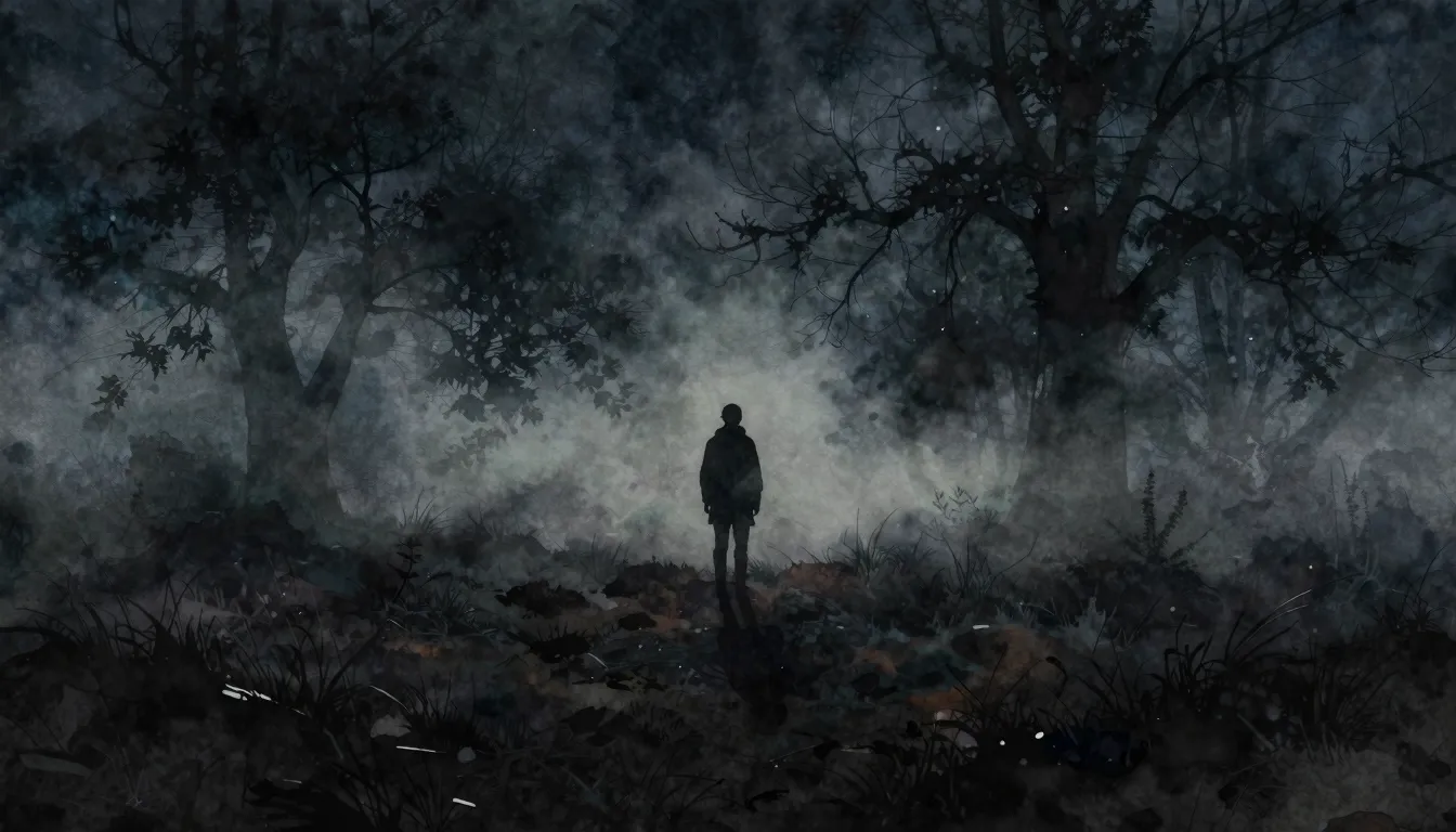 Watercolor style. Dark misty field at night, silhouette of a...