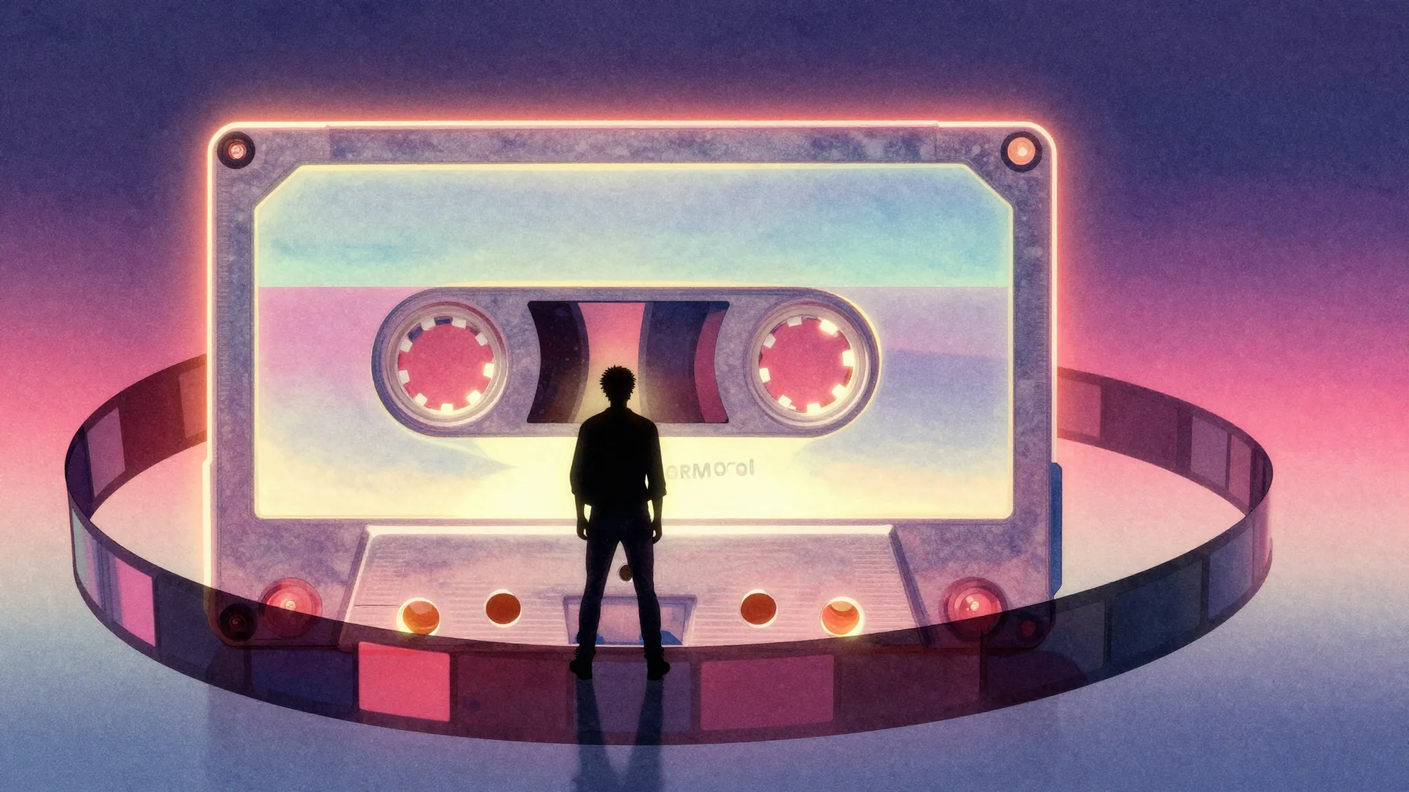 Vibrant watercolor style. Retro aesthetic album cover, a sil...