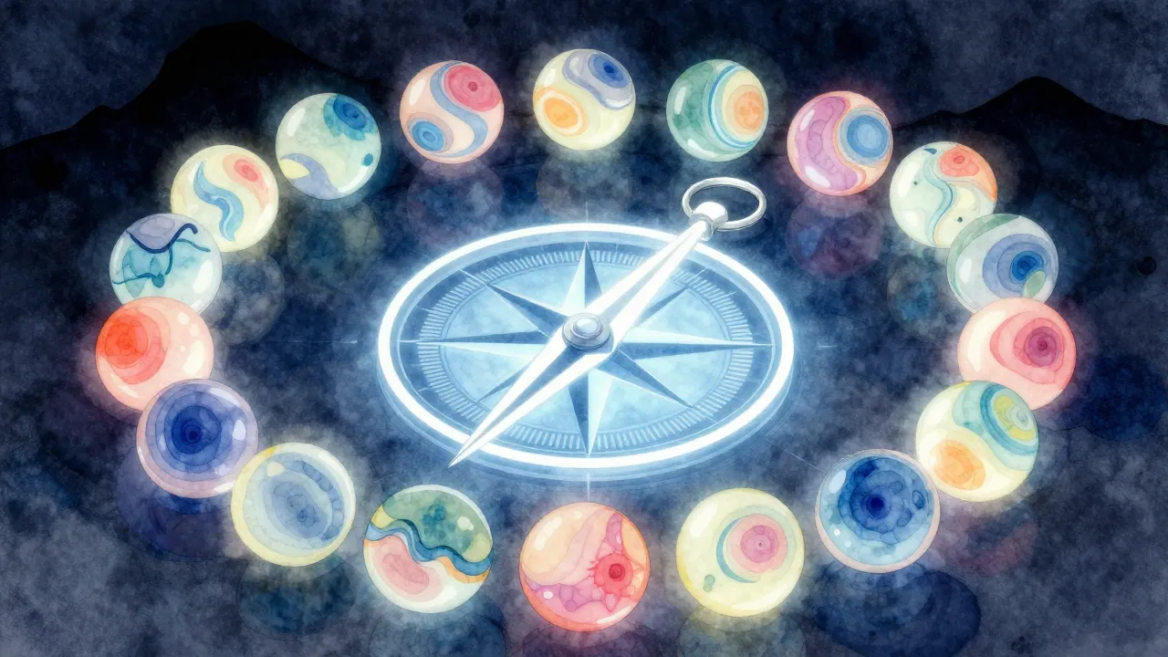 Watercolor style. A bright glowing compass pointing forward,...