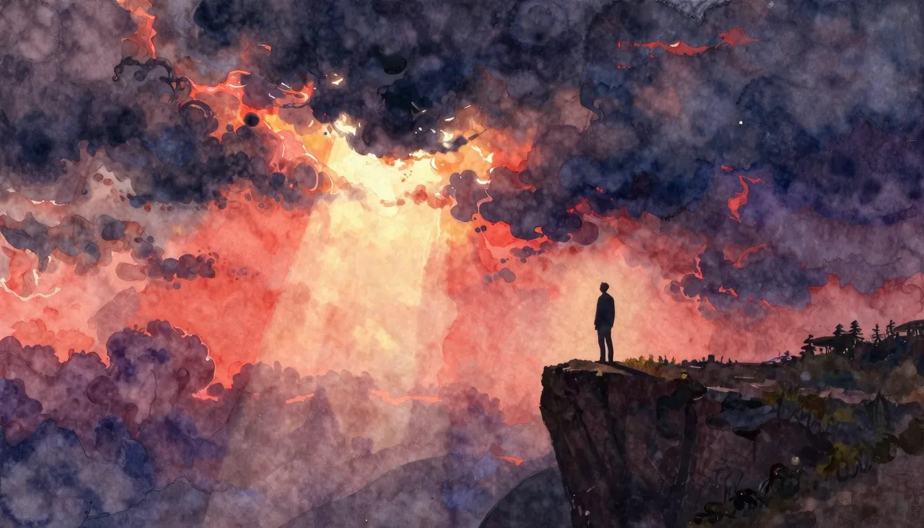 Vibrant watercolor style. A lone silhouette standing on a cl...