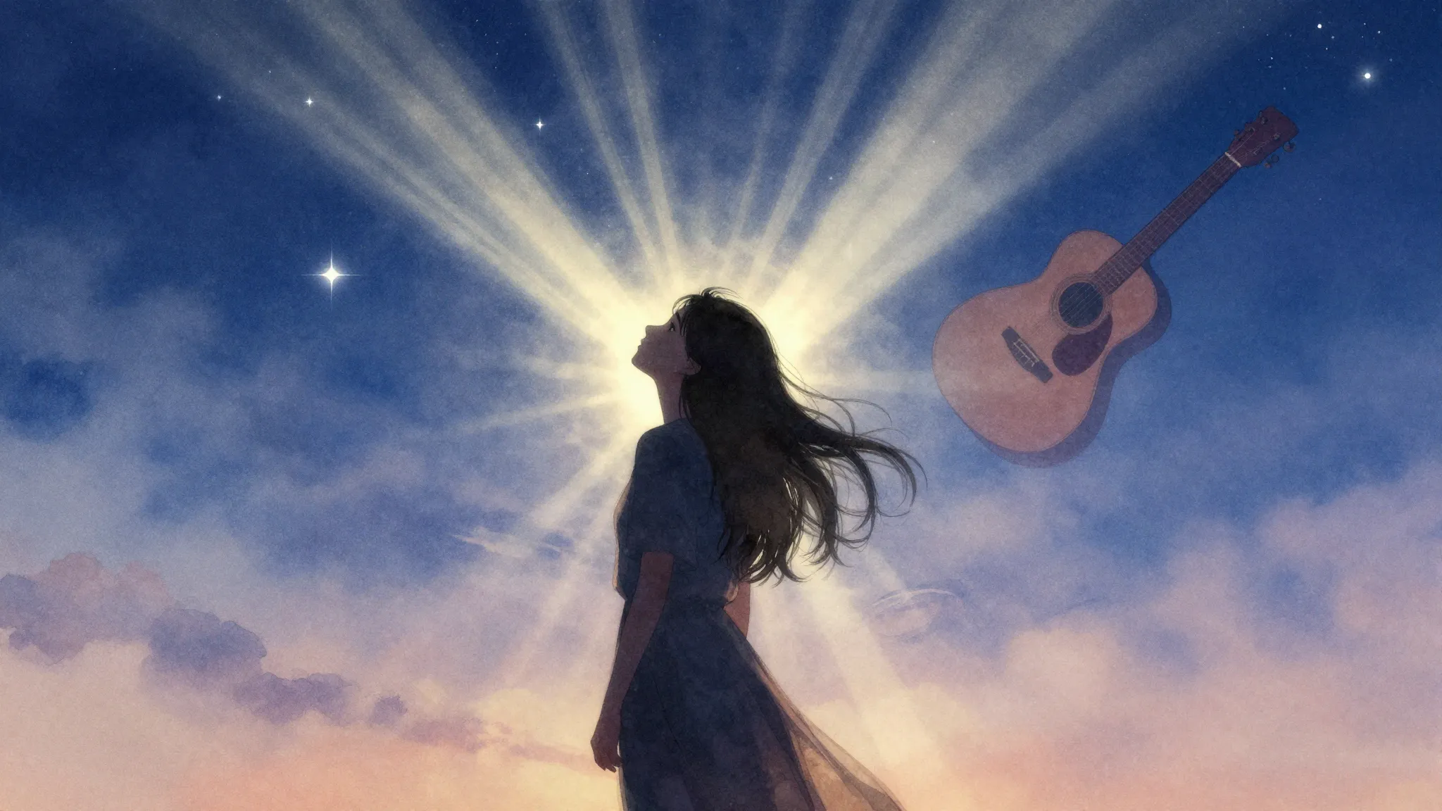 Vibrant watercolor style. A silhouette of a young woman asce...