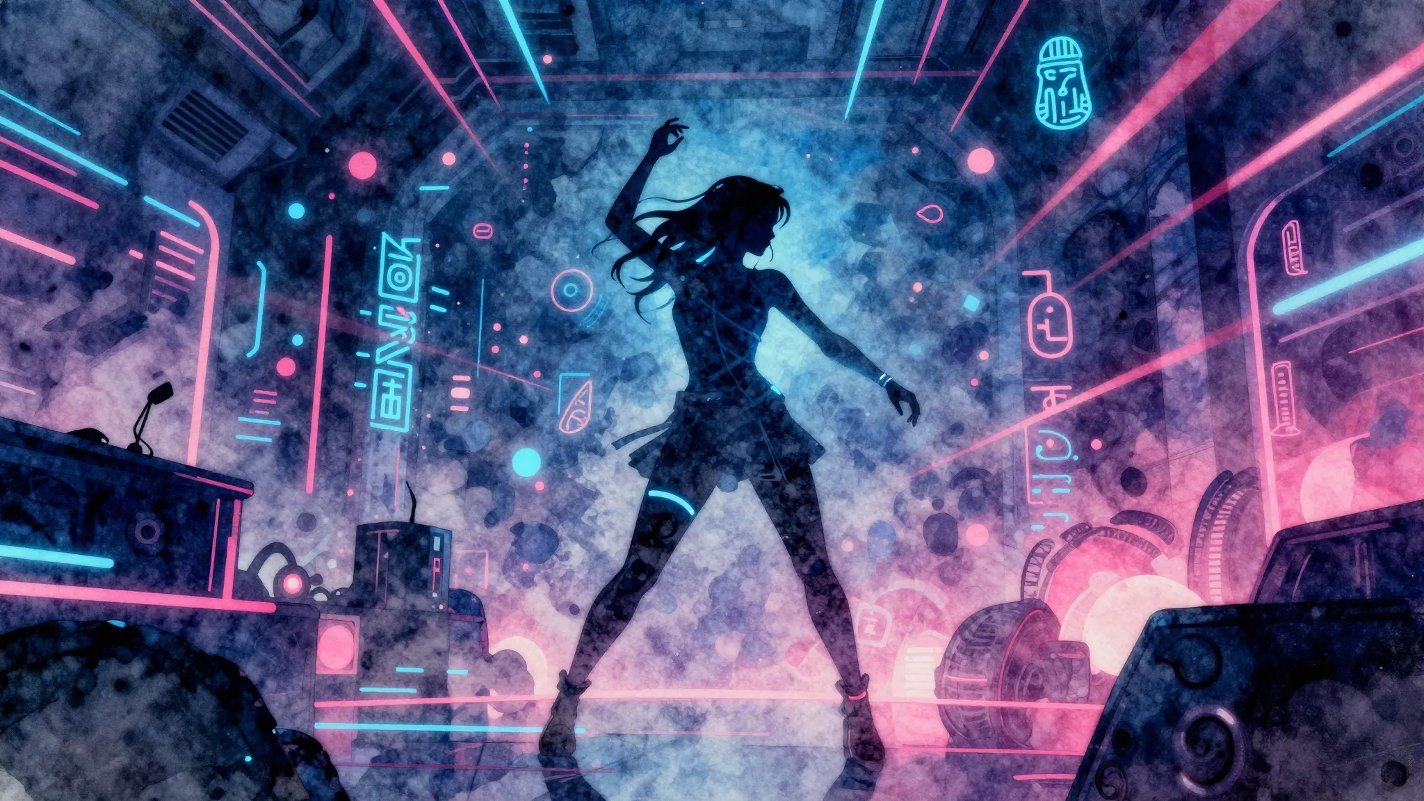 Vibrant watercolor style. Cyberpunk neon silhouette of a gir...