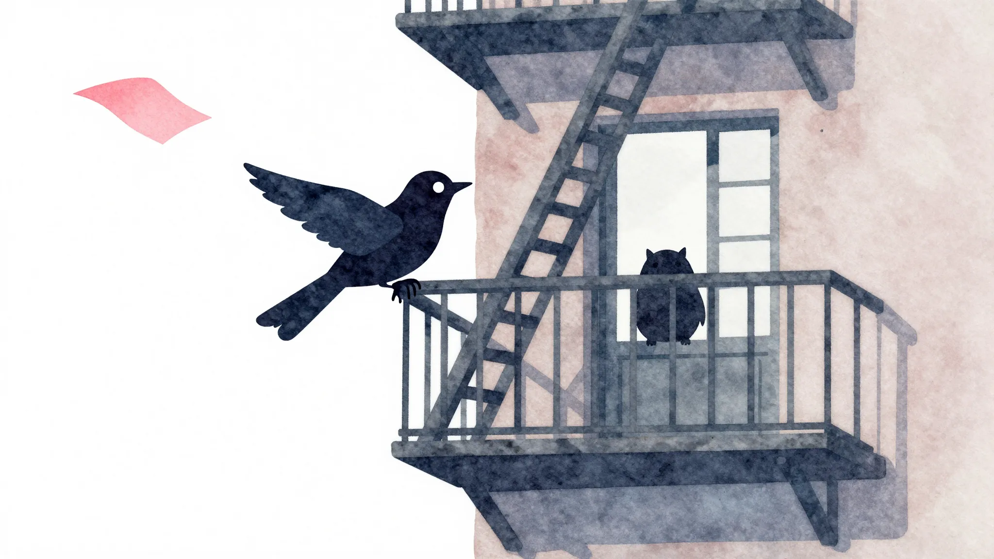Watercolor style. Silhouette of a bird-like creature climbin...