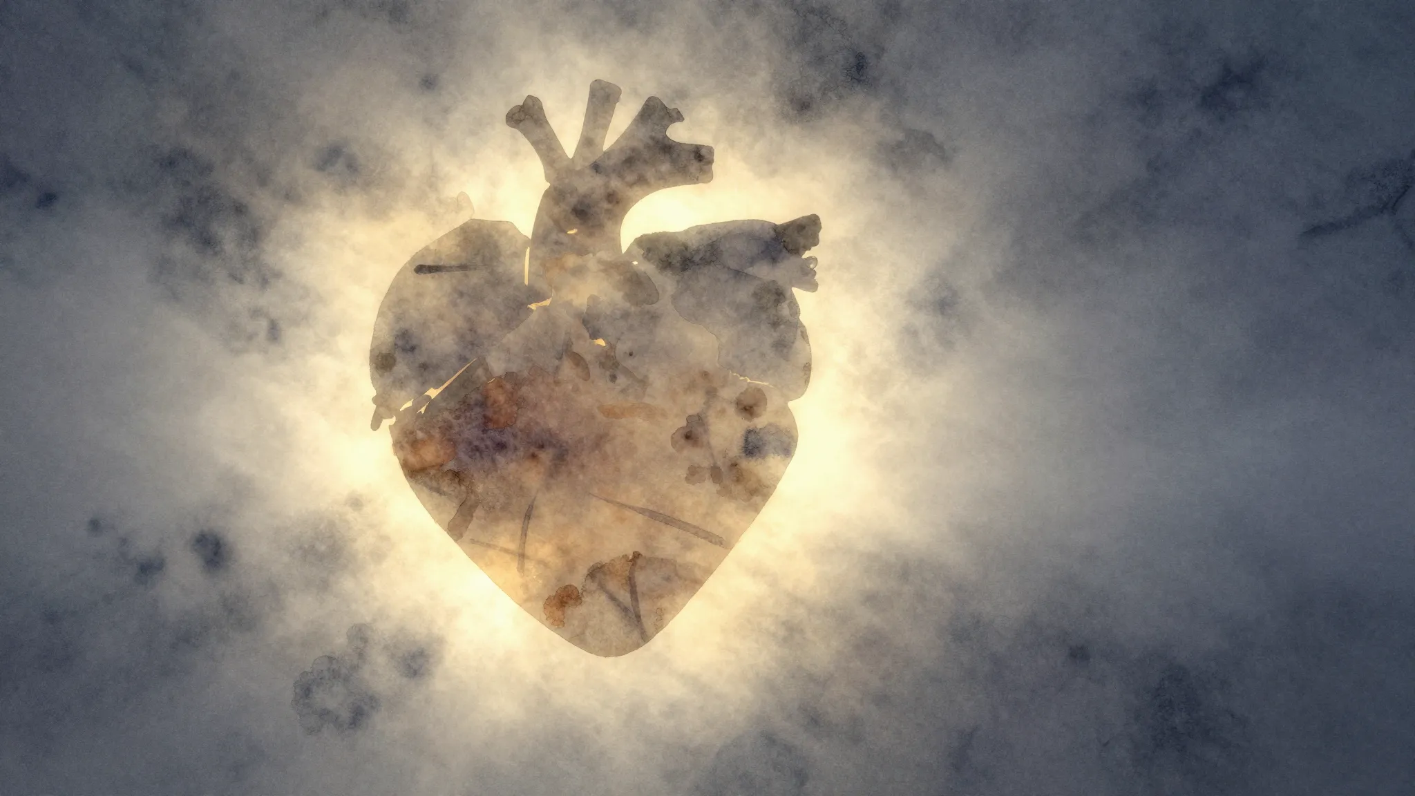 Watercolor style. Abstract silhouette of a glowing heart sur...