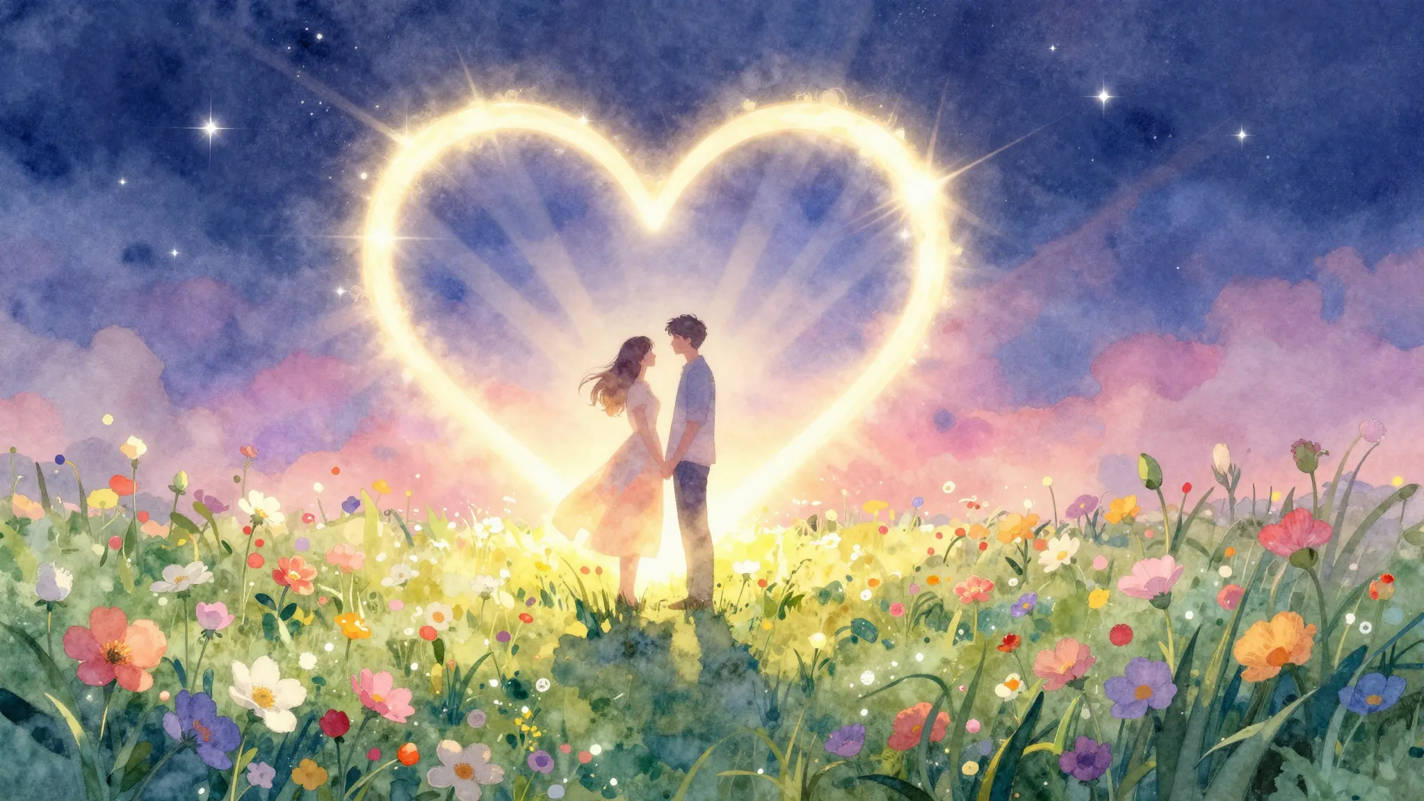 Vibrant watercolor style. Romantic album cover, a glowing he...