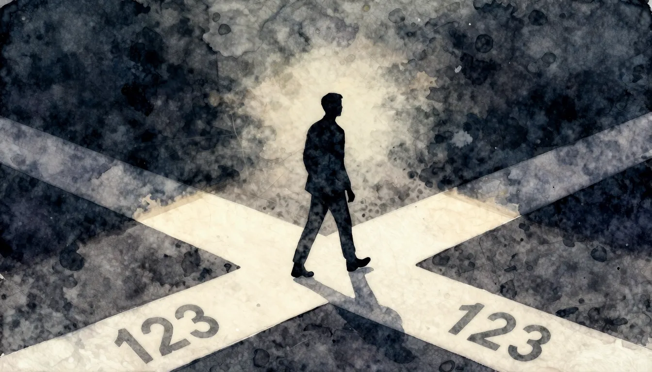 Watercolor style. Silhouette of a person at a crossroads, on...
