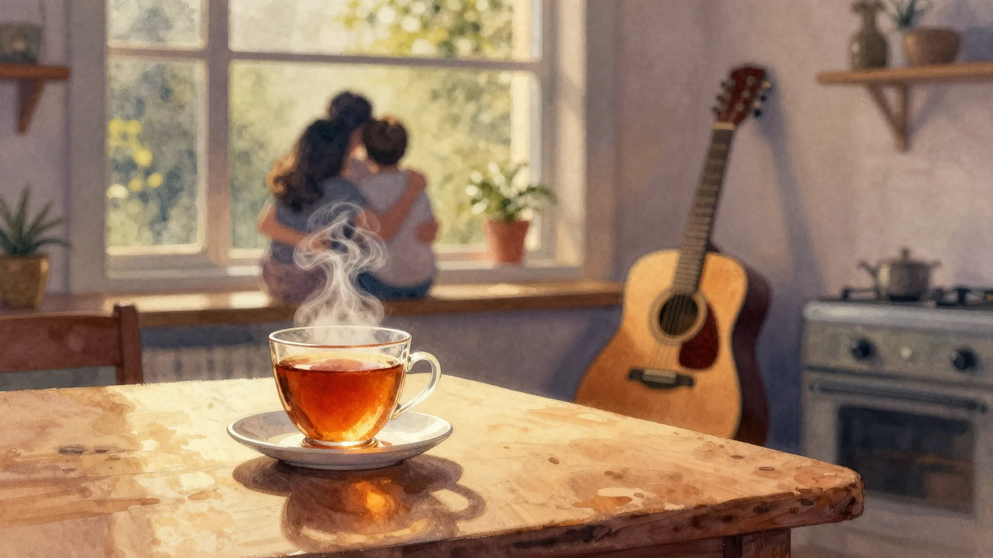 Vibrant watercolor style. A warm cozy kitchen window at nigh...