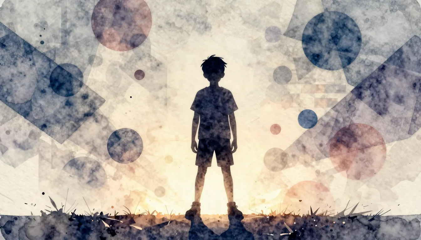 Watercolor style. Silhouette of a young boy standing confide...