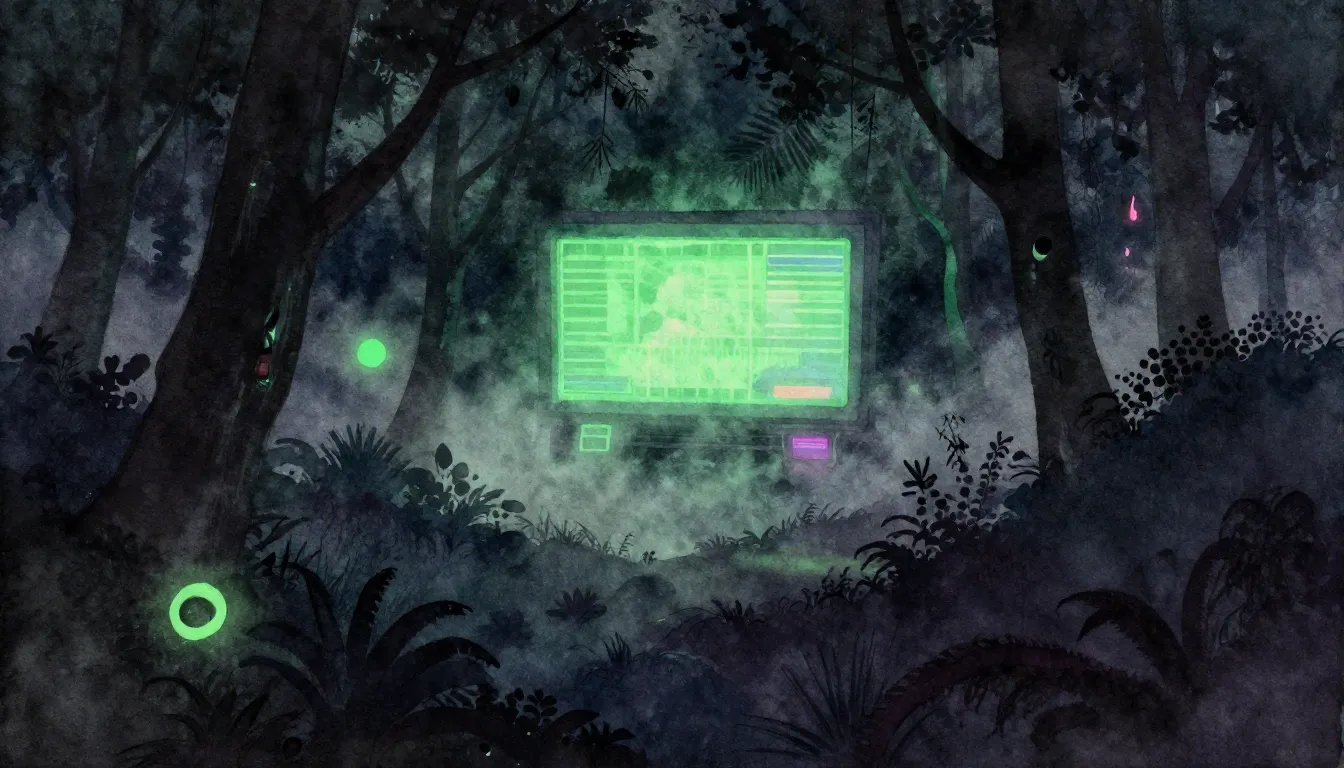 Watercolor style. A dark mysterious forest silhouette at nig...