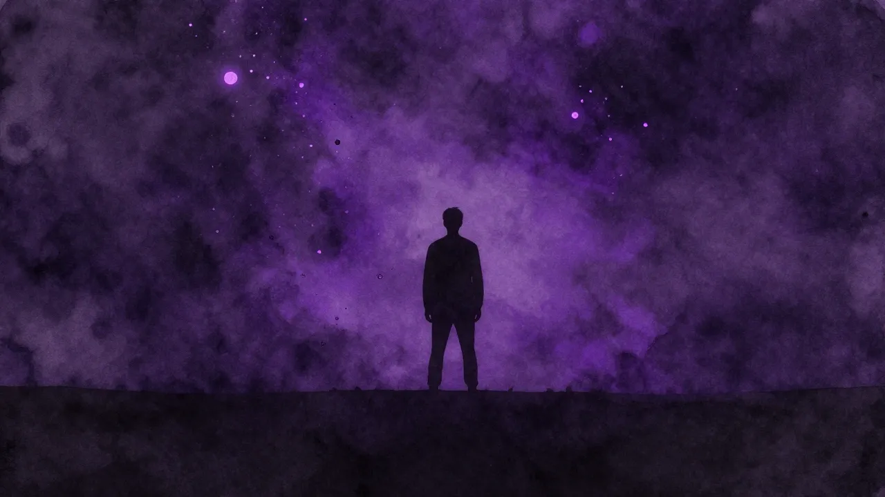 Vibrant watercolor style. A lonely silhouette standing in a ...