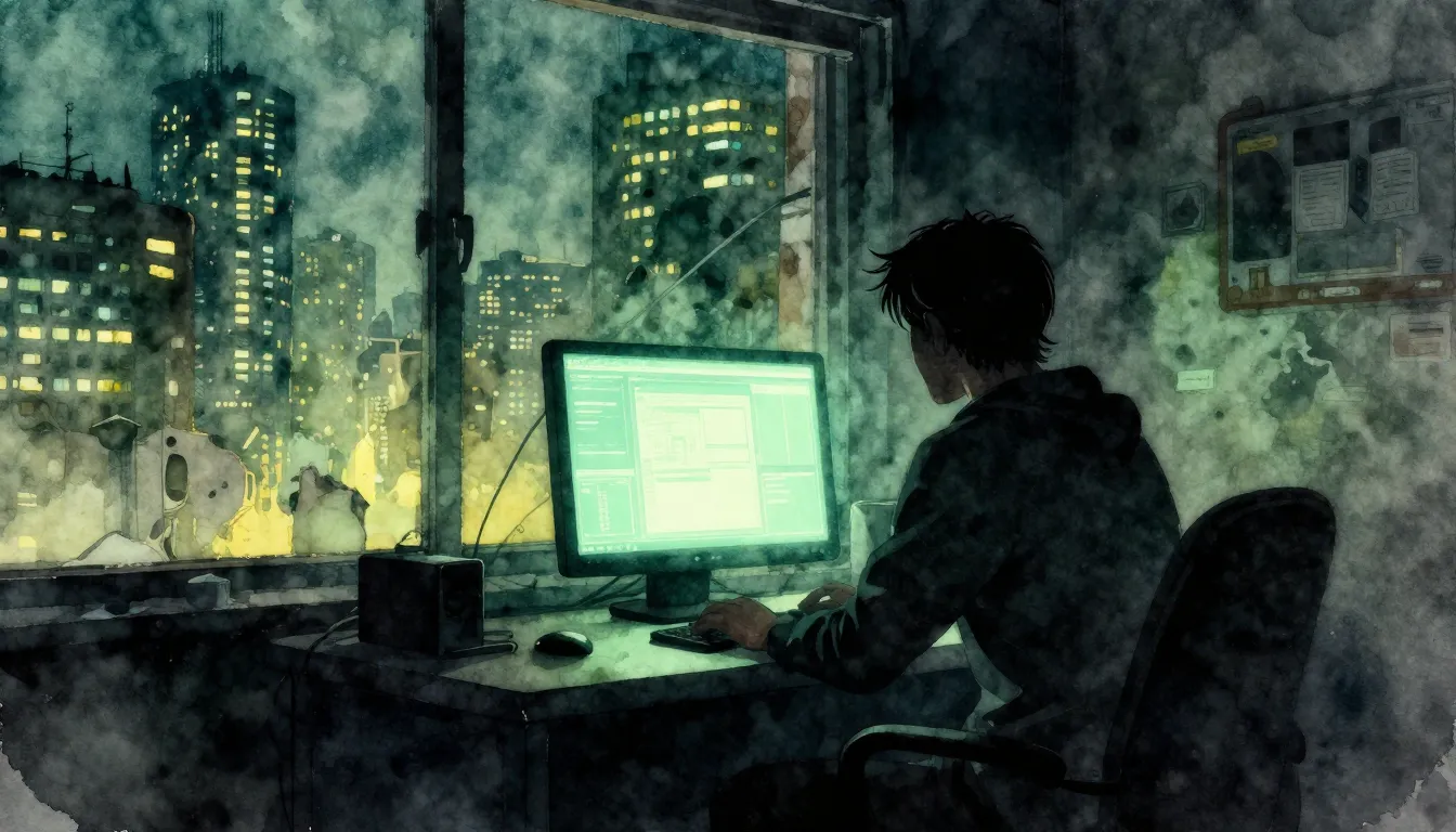 Watercolor style. A dark atmospheric silhouette of a person ...