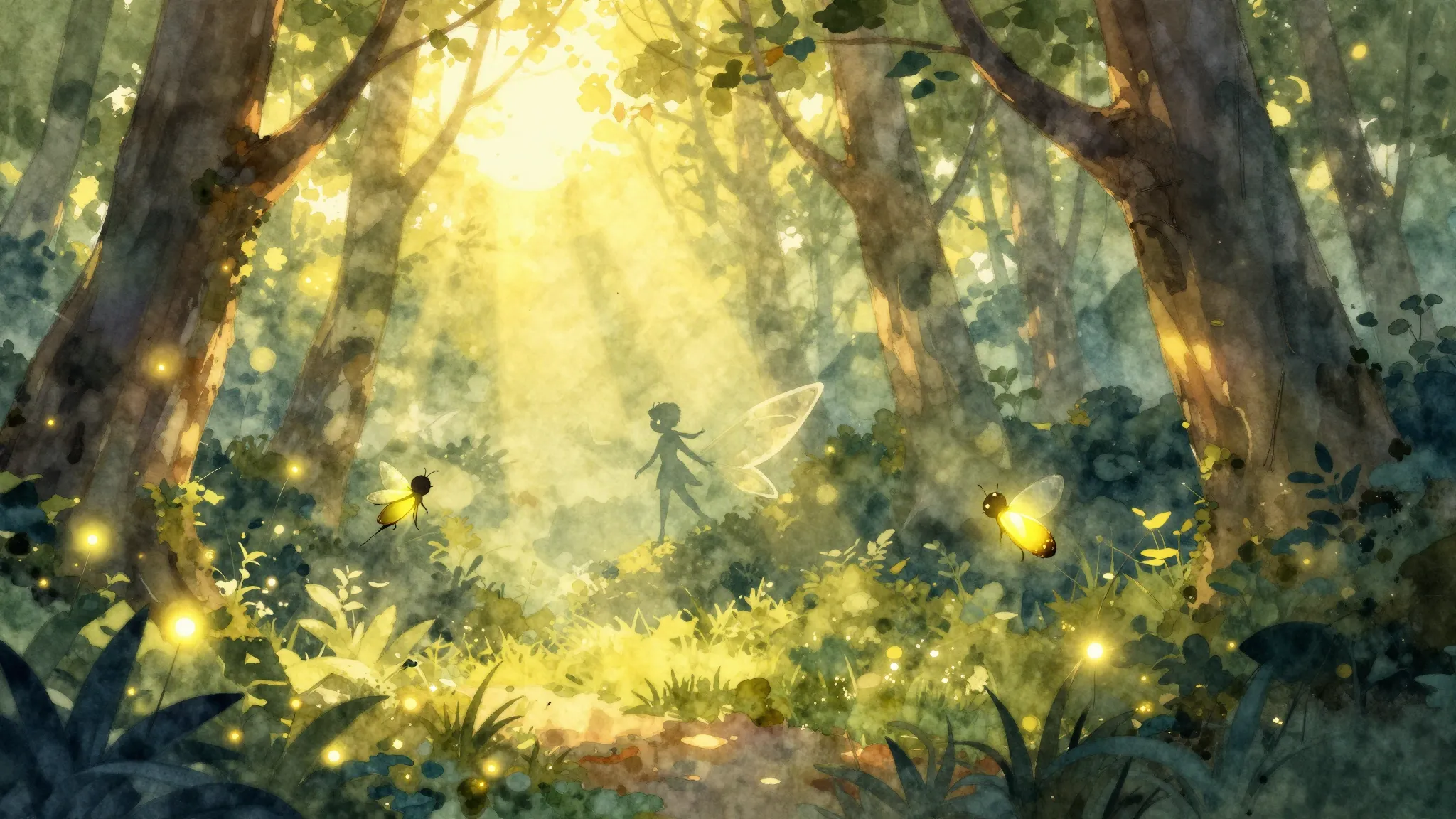 Watercolor style. A glowing firefly in a magical forest, bri...