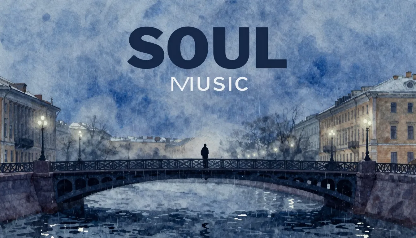 Vibrant watercolor style. Soul music album cover, a lonely d...