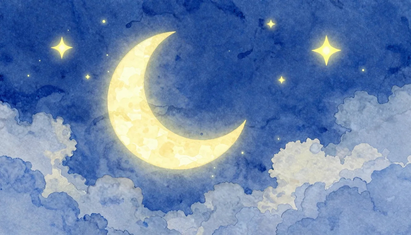 Vibrant watercolor style. A dreamy night scene with a cresce...
