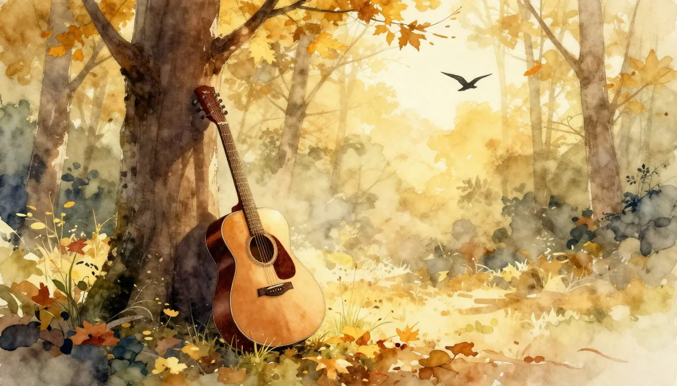 Watercolor style. A lonely acoustic guitar leaning against a...