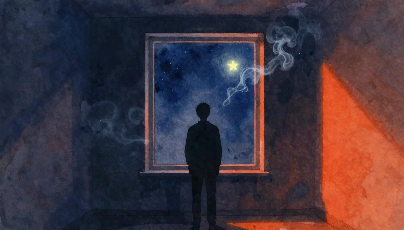 Vibrant watercolor style. A silhouette of a lonely man stand...