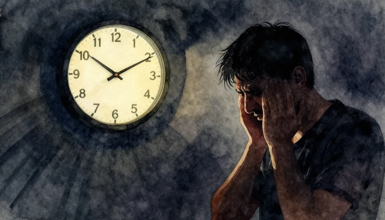 Watercolor style. A dark room with a glowing clock showing 0...