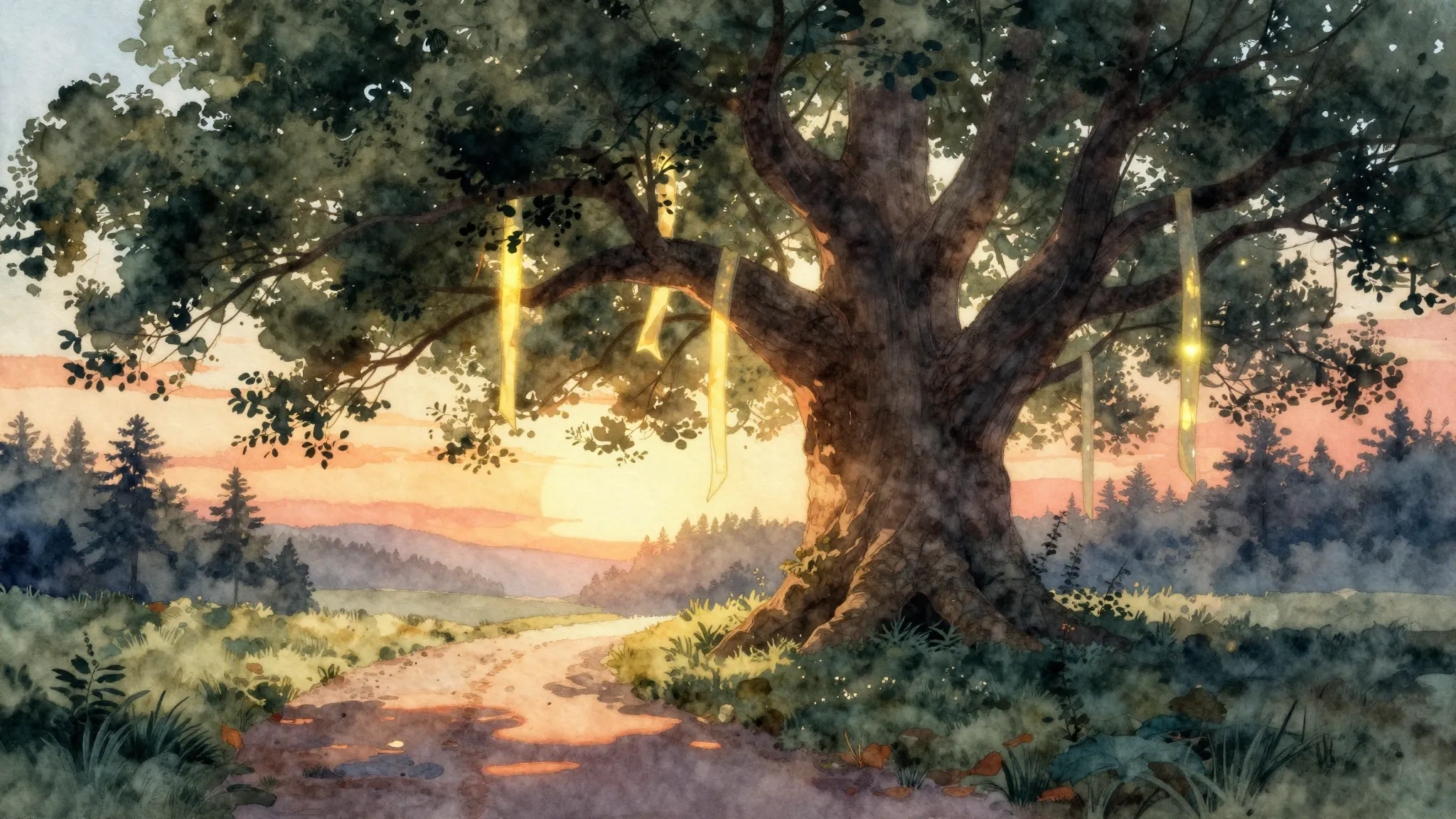 Watercolor style. Silhouette of a large ancient tree in a fo...